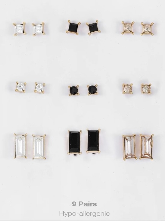Jewelry - Gold Trim Mixed Stud Earring Set - Black, Clear, Champagne - 9 Pairs